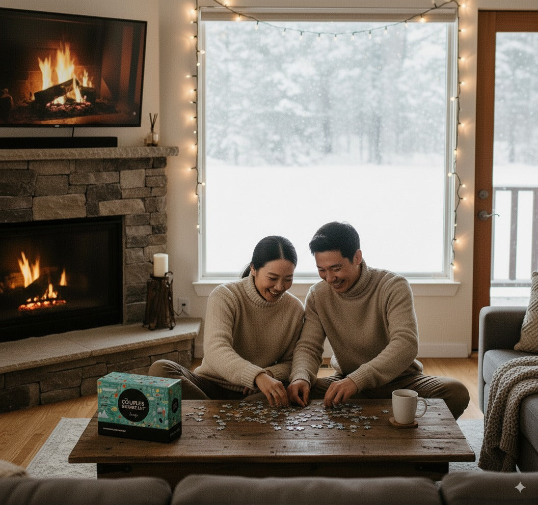 winter date ideas: couple doing a puzzle together with couples bucket list deck on table 